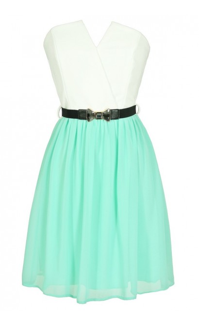 Tulip Garden Strapless Belted Dress in Ivory/Mint